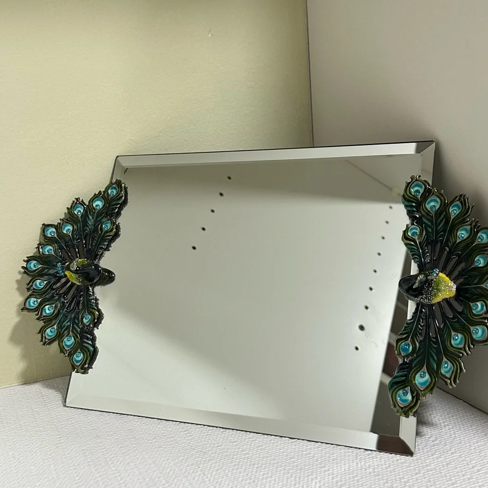 Vintage Enamel Rhinestone Pewter Peacock Mirror Vanity Tray